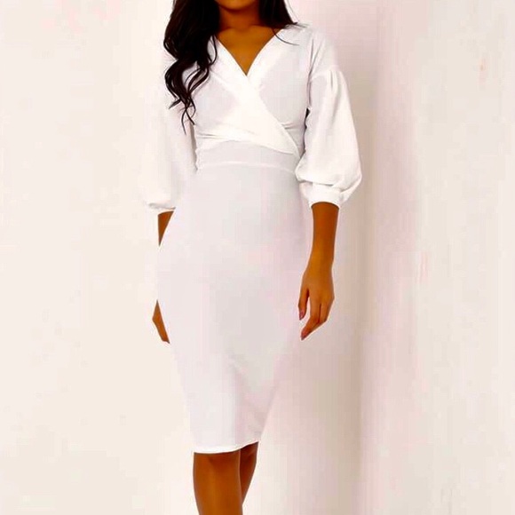 NEW! NWT White Balloon-Sleeve Wrap-Top Dress - Picture 3 of 10